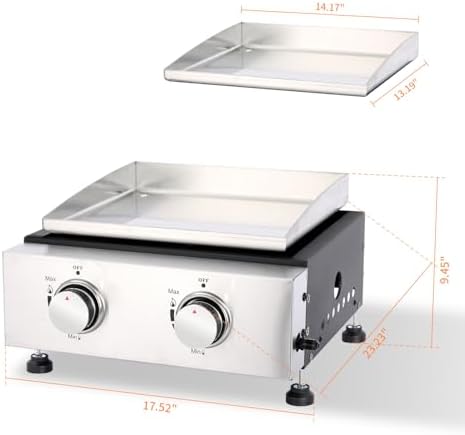 Small Portable Grill, 14 Inch Tabletop Gas Grill, 2 Burner Flat Top BBQ Propane Griddle with Legs, Cover - 20,000 BTUs Output for Outdoor Patio Backyard Camping, Tailgating, and RV Trips
