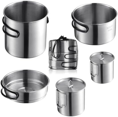 Stainless Steel Camping Cookware Mess Kit - Portable Backpacking Cooking Set with Pot/Plates/Cups & Storage Bag, Outdoor Cookware for Hiking, Picnic, Camping & Backpacking Adventures（8PCS）