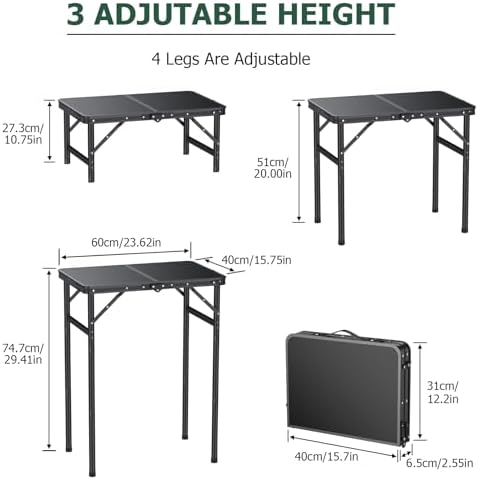 JiGiU Folding Camping Table MDF Desktop, 3 Adjustable Height-Max 29"