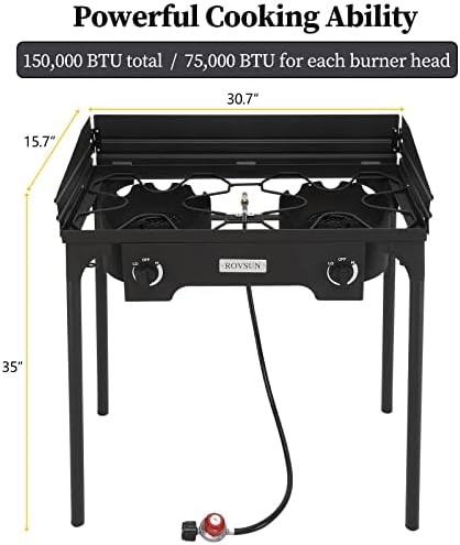Bonnlo 2-Burner Outdoor Portable Propane Burner Stove 150,000-BTU Gas Cooker with Windscreen & Carrying Bag, Heavy Duty Iron Cast Patio Burner with Detachable Stand Legs for Camp Cooking