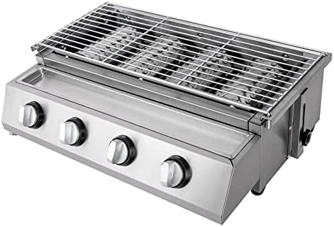Small 4-Burner Propane Gas Grill, Stainless Steel Tabletop BBQ Grill with 21.9 x 9.1-Inch Griddle, Portable Smokeless Grill for Outdoor Camping, Patio, and Backyard Barbecues