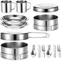 JJUNW 14Pcs Stainless Steel Camping Cookware Set, Lightweight Compact Camping Pots Pans Set with Cups Plates Forks Knives Spoons for Backpacking Camping-Cooking Hiking and Picnic