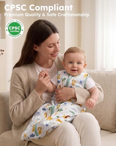 Baby Sleep Sack 0-6 Months 0.5 TOG, 100% Cotton Baby Wearable Blanket 2 Pack with 2-Way Zipper, Lightweight Sleep Bag for Boys ＆ Girls Newborn Infant Breathable Sleeing Sack Green Animal