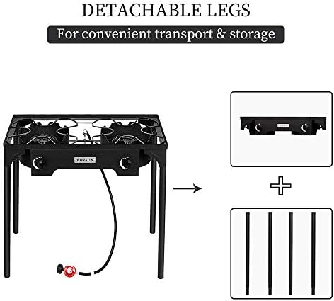 Bonnlo 2 Burner Outdoor Portable Propane Stove Gas Cooker, Heavy Duty Iron Cast Patio Burner with Detachable Stand Legs for Camp Cooking (2-Burner 150,000-BTU)