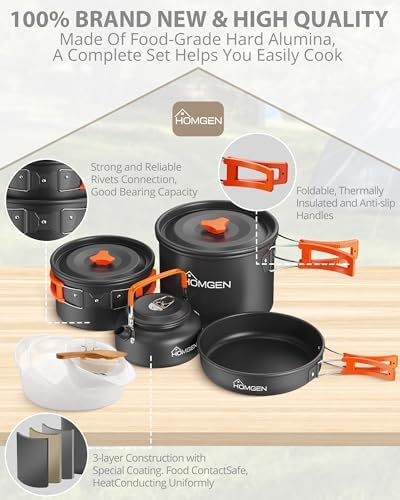 HOMGEN Portable Ultralight Anodized Aluminum Camping Cookware Set - Nesting Camping Pot and Pan-800ml Insulated Teapot-Carrying Bag-for Camping Hiking Picnic RV Trip