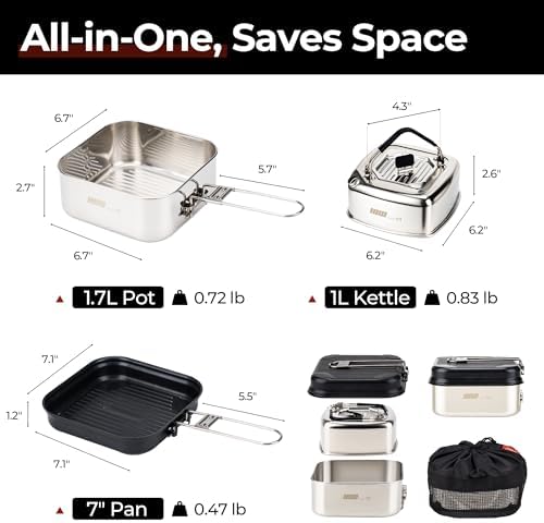 ALOCS Camping Cookware Set, Stainless Steel Pot, 7-inch Non-Stick Pan, Portable Kettle, Outdoor Cooking System with Carry Bag for Kitchen, Picnic, Hiking, Backpacking,Fishing and Campfire