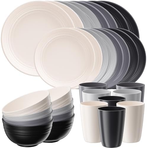 Quatish 32 Pcs Plates and Bowls Sets, Plastic Dinnerware Sets for 8, Grey