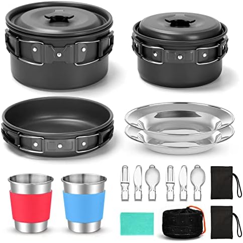 Odoland 15pcs Camping Cookware Mess Kit, Non-Stick Lightweight Pots Pan Set with Stainless Steel Cups Plates Forks Knives Spoons for Camping, Backpacking, Outdoor Cooking and Picnic