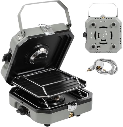 Adjustable 2-Burner Portable Stove with 16000 BTU, with Camping Grill and Carrying Bag, Portable Propane Camp Stove with 2 Burners & Piezo Ignition for Camping, Backyard BBQ,Tailgating (Green)