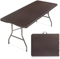 VINGLI 6 Foot Plastic Folding Table Portable Long Table for Indoor Outdoor Use Rectangular with Carrying Handle,Rattan Patterned HDPE Tabletop, Brown