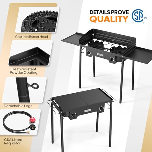 ROVSUN 2 Burner Gas Stove with Side Shelves, 150,000 BTU Portable Propane Stove with Removable Legs, Wind Panels & Regulator for Camping Home Backyard Cooking Brewing Canning Turkey Frying