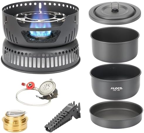 ALOCS 11pc Lightweight Camping Cookware Set with Gas and Alcohol Stove