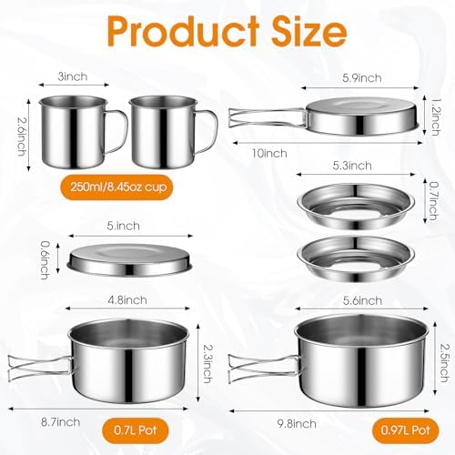 Funnymoom 14 Piece Camp Cooking Set, Stainless Steel Camping Cookware with Pot and Pan Kit 2 Set Stainless Steel Cups Plates Forks Knives Spoons for Camping, Backpacking, Outdoor Cooking and Picnic
