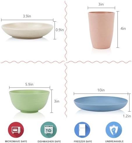 Wrova Wheat straw plates and bowls sets of 16 - Unbreakable wheat straw dinnerware sets for kids - Alternative plastic dinnerware set service for 4 - Microwave safe and Dishwasher safe bowls. Nordic