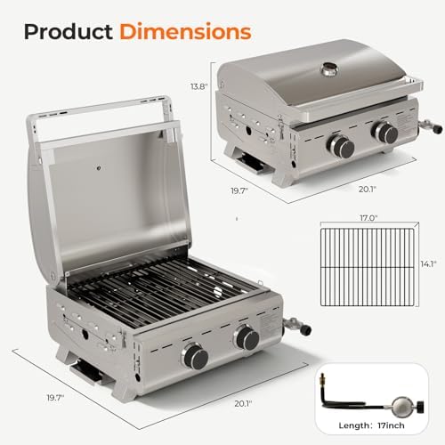 Electactic 20,000 BTUs Portable Tabletop Gas Grill, 2-Burner Propane Grill with Foldable Legs, 251 Sq.in Cooking Area, Stainless Steel BBQ Grill for Easy Assemble & Clean, Ideal for Outoor/RV/Patio