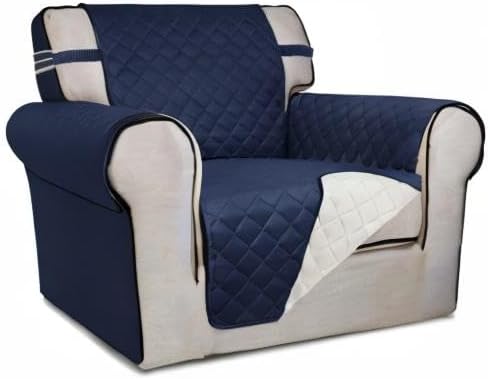 PureFit Reversible Quilted Sofa Cover, Water Resistant Slipcover Furniture Protector, Washable Couch Cover with Non Slip and Elastic Straps for Kids, Dogs, Pets (Chair, Navy/Ivory)