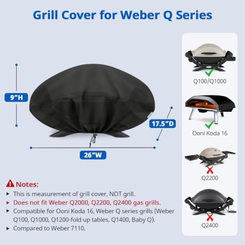SunPatio Outdoor Grill Cover Compatible for Weber Q 100/1000 Series and Nexgrill Gas Grills, Heavy Duty Waterproof Barbecue Cover, Durable FadeStop Material, Compared to Weber 7110, Black