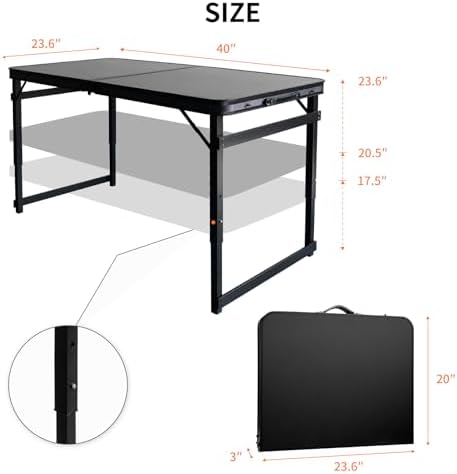 Folding Camping Table, Black Aluminum Frame,3-Position Adjustable Height,Lightweight Carry Handle, Portable for Travel, Camping Outdoor Use, 3.3FT x 2FT(Medium), Black