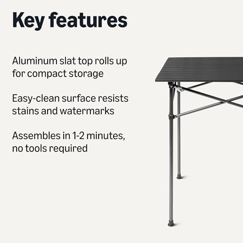 Amazon Basics Portable Camping Table, Outdoor Folding Table with Aluminum Roll-Up Top, Steel Frame, 27.6 x 27.6 x 27.6 Inches, Black