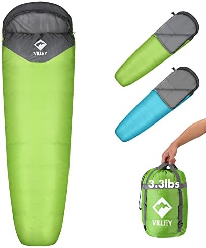 VILLEY Mummy Sleeping Bag, Lightweight Backpacking Sleeping Bag for Adults & Kids, Camping Hiking Equipment for 3-4 Seasons