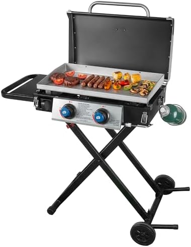 Razor Griddle GGC2030M 25 Inch Outdoor 2 Burner Portable LP Propane Gas Grill Griddle with Top Cover, Wheels, & Storage Shelf for BBQ Cooking, Black
