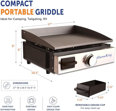Flame King Flat Top Portable Propane Cast Iron Grill Griddle Tabletop for Outdoor Camping, Tailgating, Outdoor Cooking