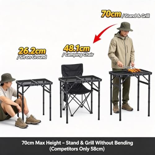HOMGEN Folding Camping Grill Table-3 Heights Mesh Side Table for BBQ Stove-Lightweight 4.92lbs-Sturdy 66lbs-Portable Aluminum Frame for Outdoor Picnic Beach RV Patio – 58x40cm Desktop