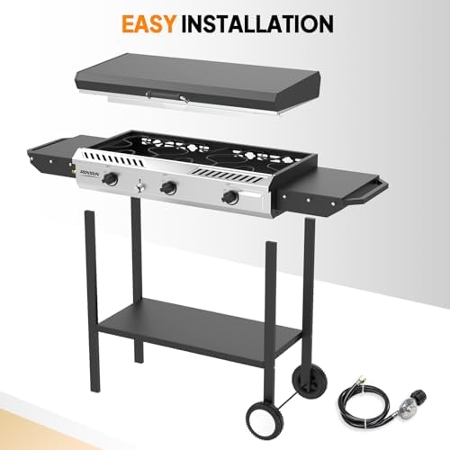 ROVSUN 2-in-1 Propane Stove & 33'' Griddle Combo with Ignition, 3 Burner 225,000 BTU Gas Stove & Grill with Side Shelves, Rolling Wheel & Regulator for Home Outdoor Backyard Camping Cooking Grilling
