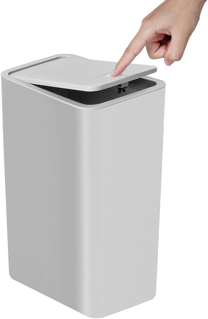 TIPGO Bathroom Trash Can with Lid, 10 Liter/ 2.6 Gallon Slim Garbage Can, Small Trash Bin Waste Basket with Pop-Up Lid for Kitchen, Bedroom, Living Room, Office (Grey)