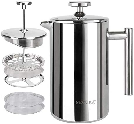 Secura French Press Coffee Maker, 304 Grade Stainless Steel Insulated Coffee Press with 2 Extra Screens, 12oz (0.35 Litre), Silver