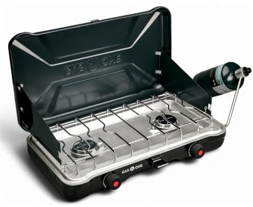 GasOne Portable Camping Stove – Double Propane Stove with Auto Twist Turn Ignition – 22,000 BTU Camping Cooktop with 2 Burners and Wind Guard – Ideal for Tailgating, Fishing, Travel