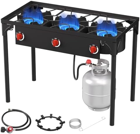 High Pressure Propane Burner, 3 Burner Camping Stove with Detachable Legs, 225,000 BTU Propane Gas Stove Burner with 0-20 PSI Regulator for Camping, Tailgating, Backyard, Outdoor Cooking