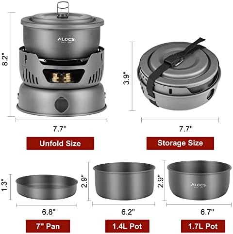 ALOCS 11pc Lightweight Camping Cookware Set with Gas and Alcohol Stove