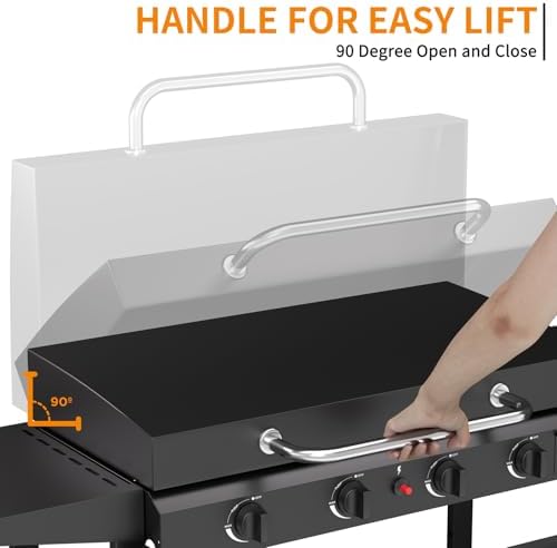4 Burner BBQ Gas Griddle with Hood, 30 Inch Stainless Steel Portable Detachable Propane Griddle, 60,000 BTU Flat Top Grill with Lid for Camping, Black