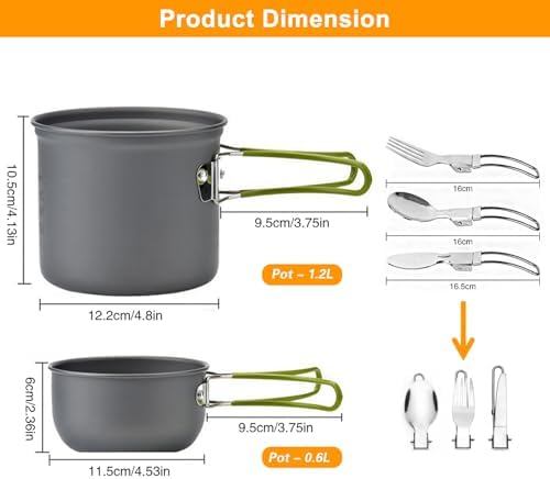 Camping Cookware Mess Kit Backpacking Pot Gear Camping Cooking Pots and Pans Set Camp Kitchen Equipment Accessories Green