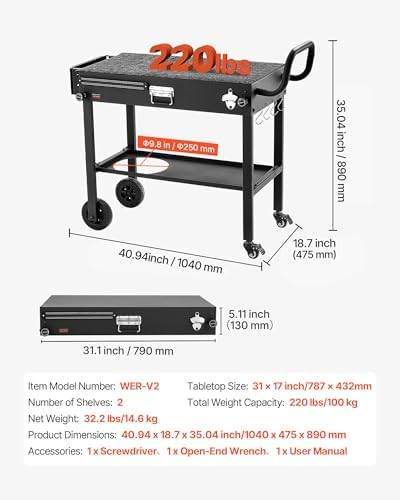VEVOR Outdoor Grill Cart, 31.0 x 17.0 inch Tabletop Size Grilling Table, Foldable Outdoor Cooking Table with Tissue Holder, Wheels, Magnetic Tool Rack, BBQ Prep Tables for Picnic, Kitchen, Courtyard