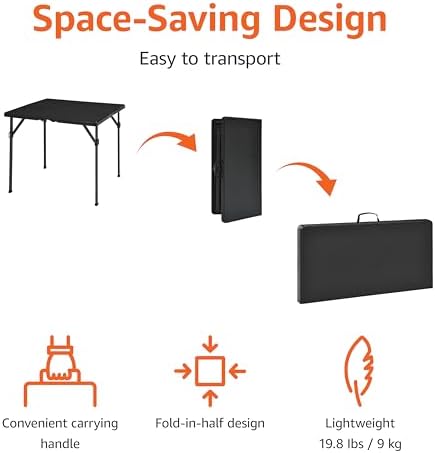 Amazon Basics 34 inch Portable Sturdy Folding Dining Table with Carrying Handle, Space Saving Storage, Square, 33.9 x 29.1 x 33.9 inch, Black