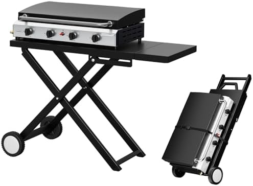 Bonnlo Foldable Flat Top Grill with 4 Burner & Lid, Powerful 40,000 BTU Propane Gas Grills with Ignition, Enamel Griddle, Side Shelf & Portable Cart with Wheels for Outdoor Camping Hibachi Grill Use