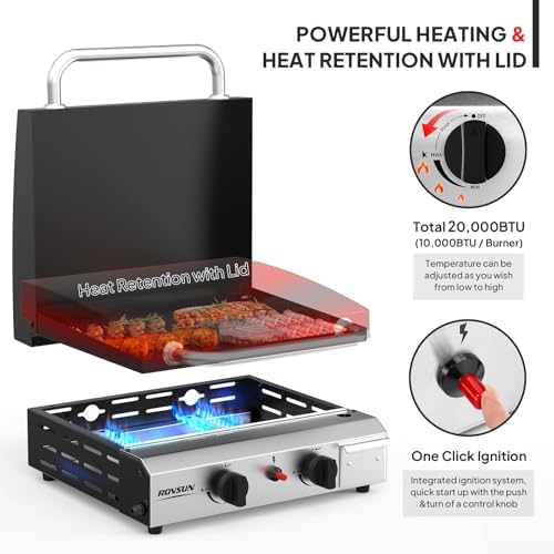 ROVSUN 2 Burner Portable Propane Griddle with Ignition, 20,000 BTU Tabletop Flat Top Gas Grill with Enameled Tray & Lid for Outdoor Cooking Camping BBQ Tailgating Picnicking