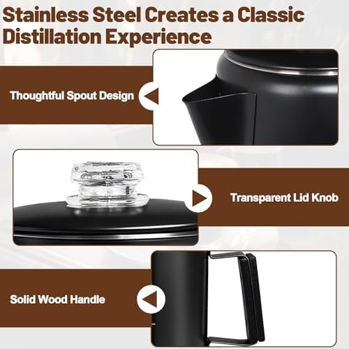 6 Cup Percolator 304 Stainless Steel Coffee Pot Coffee Maker Coffee Machine with Solid Wood Handle Transparent Knob Stovetop Greca Mocha for Induction Home and Camping 1000ml 33.8oz Black