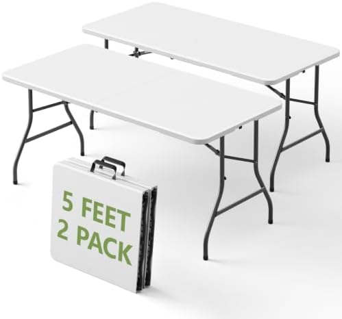 5FT Folding Table 2 Pack,Heavy Duty Plastic Foldable Tables with Carry Handles,Fold-in-Half Portable Utility Tables with Steel Legs for Party,Wedding,Banquet,Camping,Picnic,Event,Indoor Outdoor,White