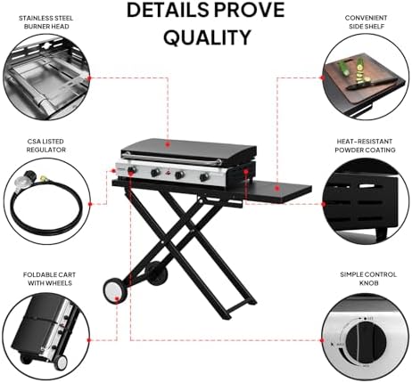 Bonnlo Foldable Flat Top Grill with 4 Burner & Lid, Powerful 40,000 BTU Propane Gas Grills with Ignition, Enamel Griddle, Side Shelf & Portable Cart with Wheels for Outdoor Camping Hibachi Grill Use