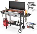 ROVSUN 2-in-1 Propane Stove & 30'' Griddle Combo with Ignition, 2 Burner 150,000 BTU Gas Stove & Grill with Side Shelves, Rolling Wheel & Regulator for Home Outdoor Backyard Camping Cooking Grilling