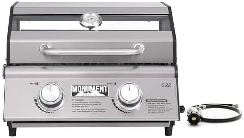 Portable Propane Gas Grill 2-Burner Tabletop Clearview® Monument Grills for Outdoor Camping Cooking, Two 15,000 BTU Burners, Stainless Steel, and Built-in Thermometer