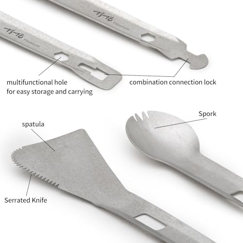 TiTo Titanium 4 in 1 Camping Cookware - Titanium BBQ Tongs, Spork, Knife and Spatula, Portable Lightweight Multi Tableware for Kitchen, Hiking, Backpacking, Outdoor Cooking, Travel, Picnics (Titanium)