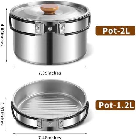 12pcs Outdoor Camping Cookware Kit, Lightweight Stainless Steel Kettle, Non-Stick Pot and pan, with Fork Spoon Kits Suitable for picnics and Backpacking Trips
