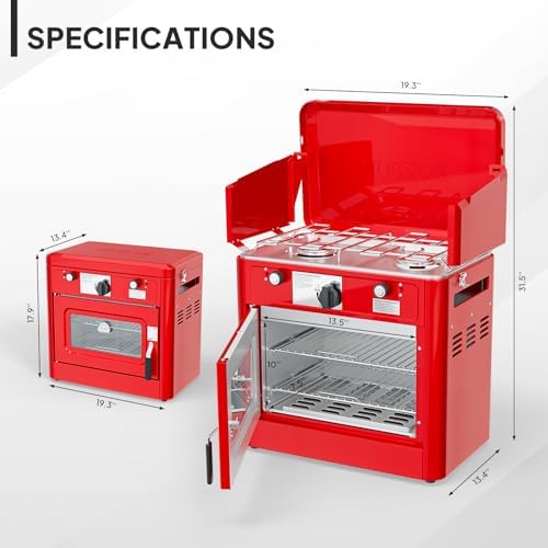ROVSUN 2-in-1 Portable Camping Stove & Propane Oven with Piezo Igniter, 2 Burner Stove & Outdoor Oven with Adjustable Fire, Thermometer, Wind Panel & Regulator for Traveling, Tailgating (Red)