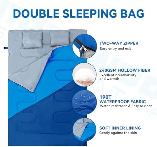 Double Sleeping Bag for Adults Kids, Lightweight 2 Person Sleeping Bag