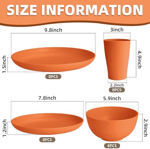 Orange Plastic Dishes Set for 8 includes Dinner Plates,Pasta Bowls,Soup Bowls and Drinking Cups,Unbreakable Orange Plastic Plates Set Microwave Dishwasher Safe For Thanksgiving Dinnerware Sets,32PCS