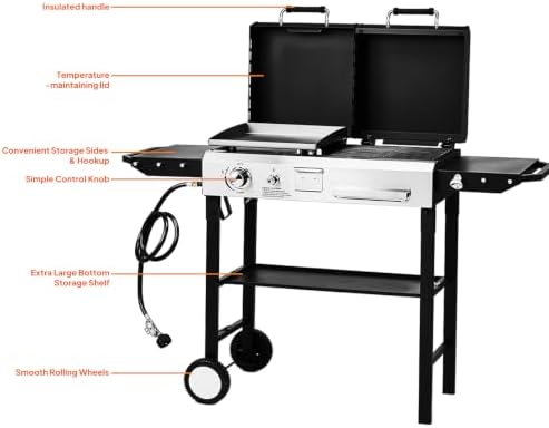 ROVSUN Dual Fuel Propane Gas Grill & Charcoal Grill Combo, 12000 BTU Freestanding Flat Top Griddle & Charcoal BBQ Grill with Ignition, Lids & Portable Cart for Outdoor Backyard Cooking Barbecue